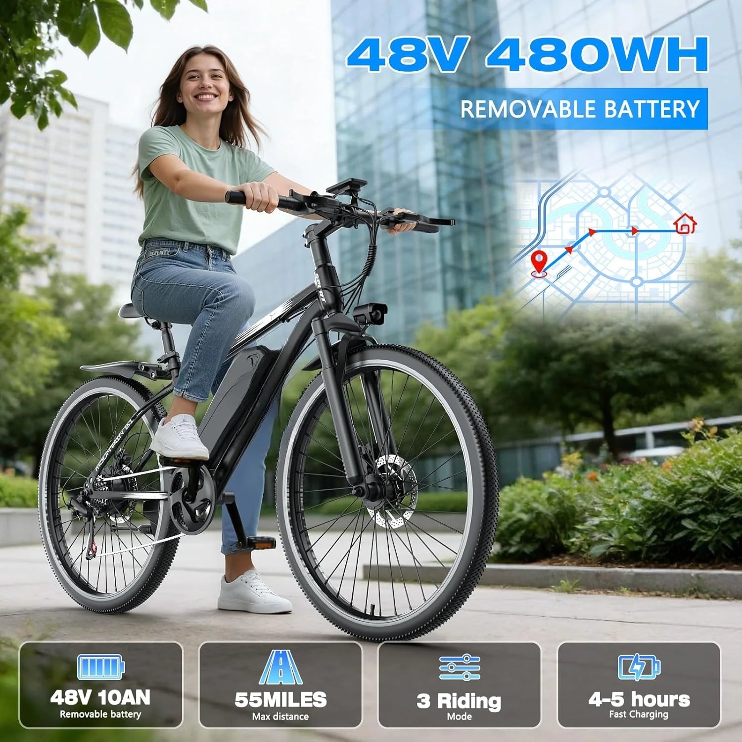 Electric Mountain Bike for Adults – 1500W Peak Motor | 25 MPH | 65-Mile Range | 48V 10Ah Battery