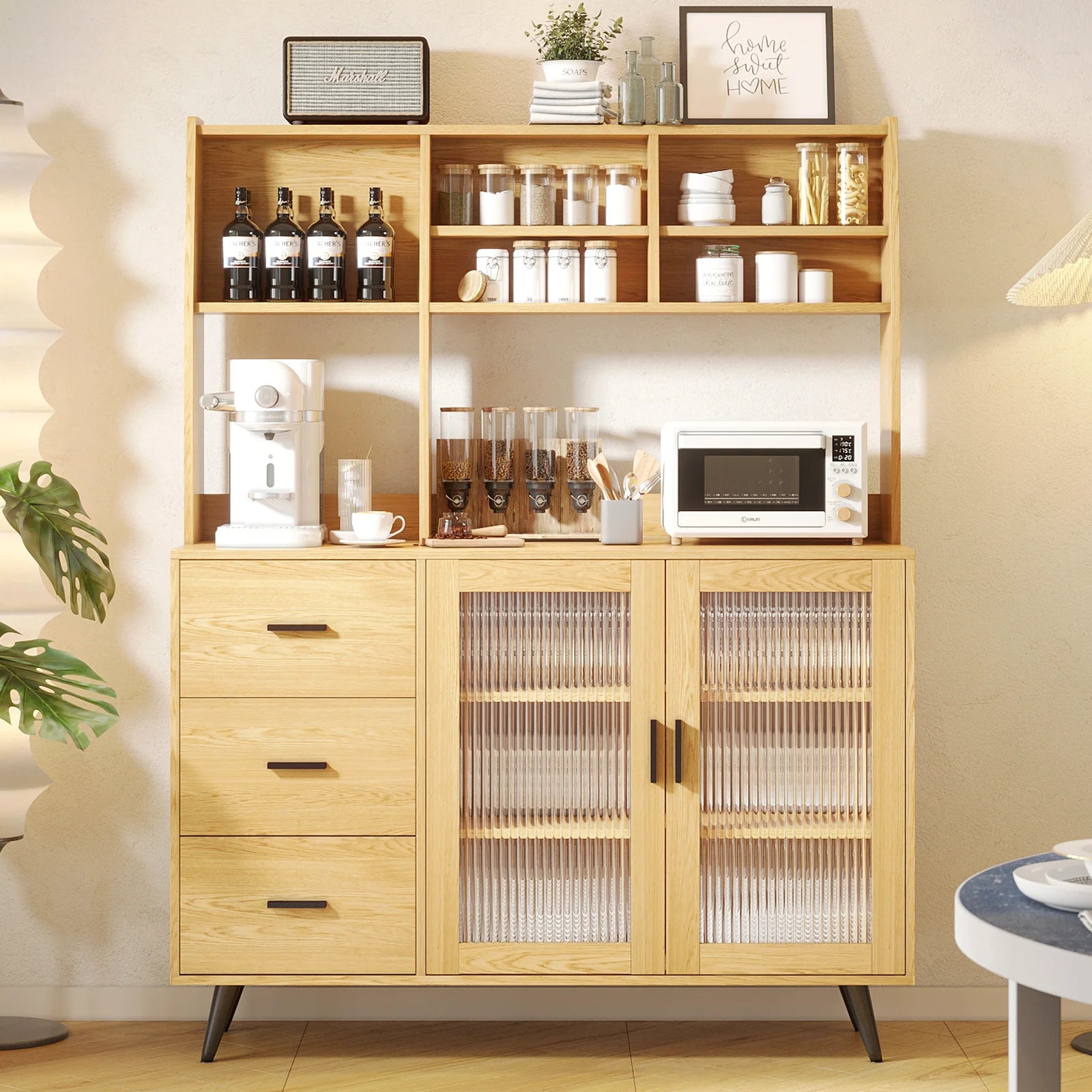 Modern Kitchen Hutch Sideboard Cabinet – Freestanding Pantry with Glass Doors & 3 Drawers