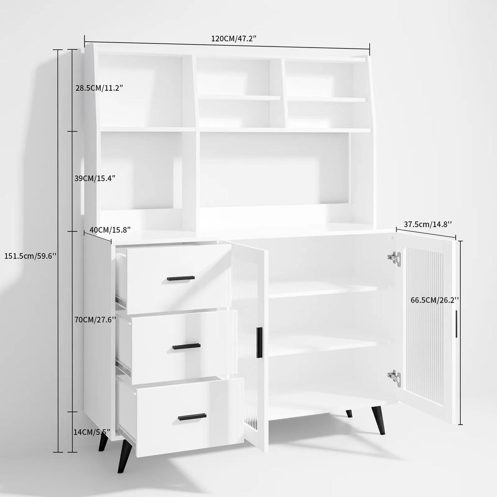 Modern Kitchen Hutch Sideboard Cabinet – Freestanding Pantry with Glass Doors & 3 Drawers