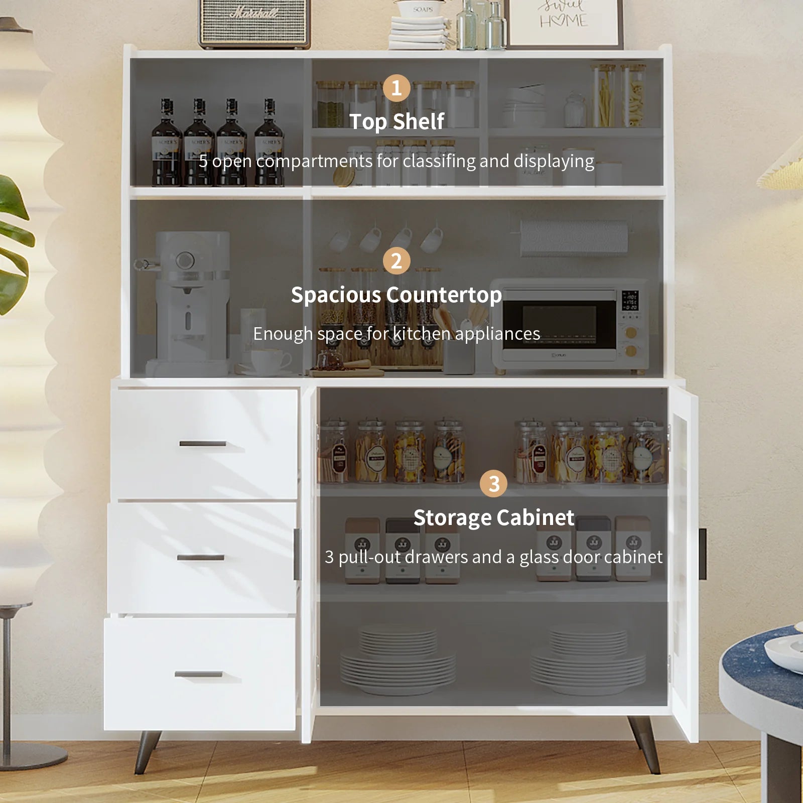 Modern Kitchen Hutch Sideboard Cabinet – Freestanding Pantry with Glass Doors & 3 Drawers