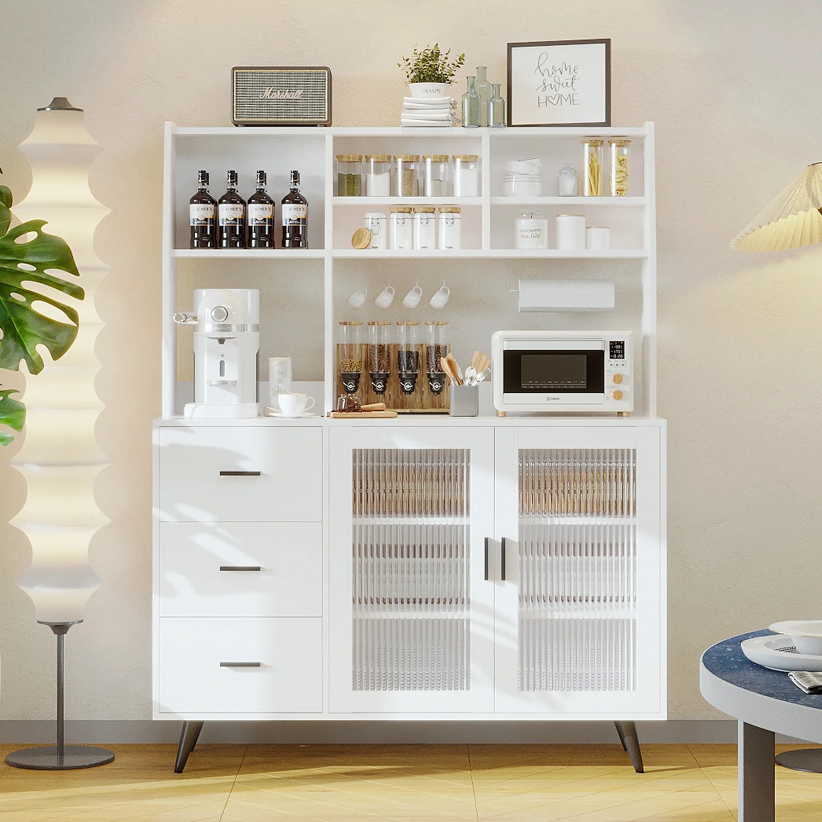 Modern Kitchen Hutch Sideboard Cabinet – Freestanding Pantry with Glass Doors & 3 Drawers