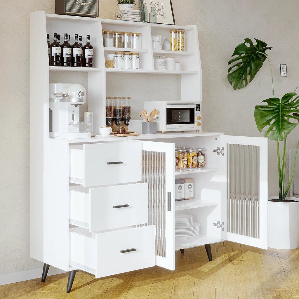 Modern Kitchen Hutch Sideboard Cabinet – Freestanding Pantry with Glass Doors & 3 Drawers