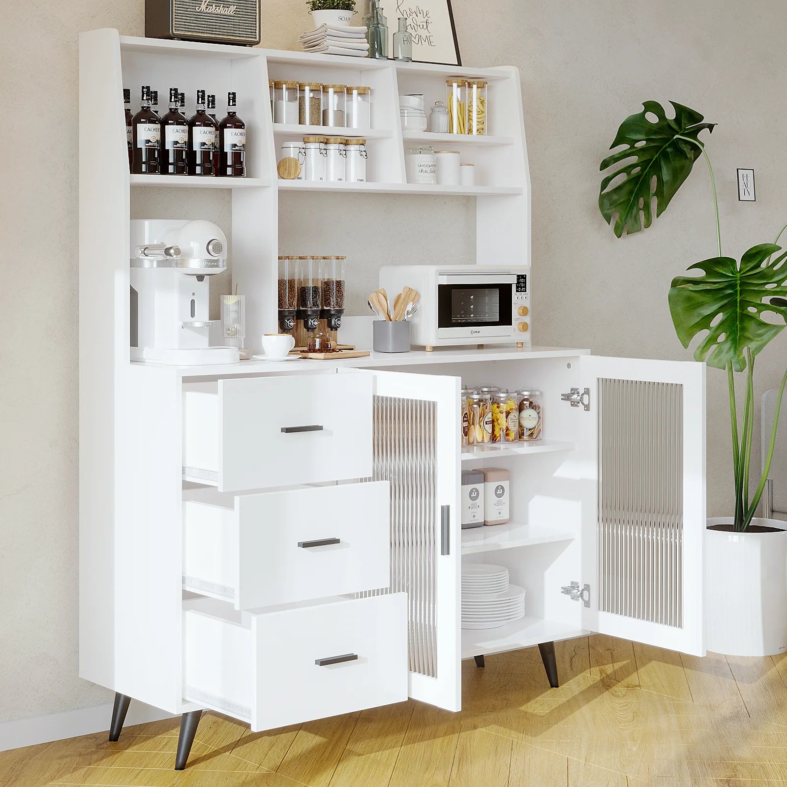 Modern Kitchen Hutch Sideboard Cabinet – Freestanding Pantry with Glass Doors & 3 Drawers