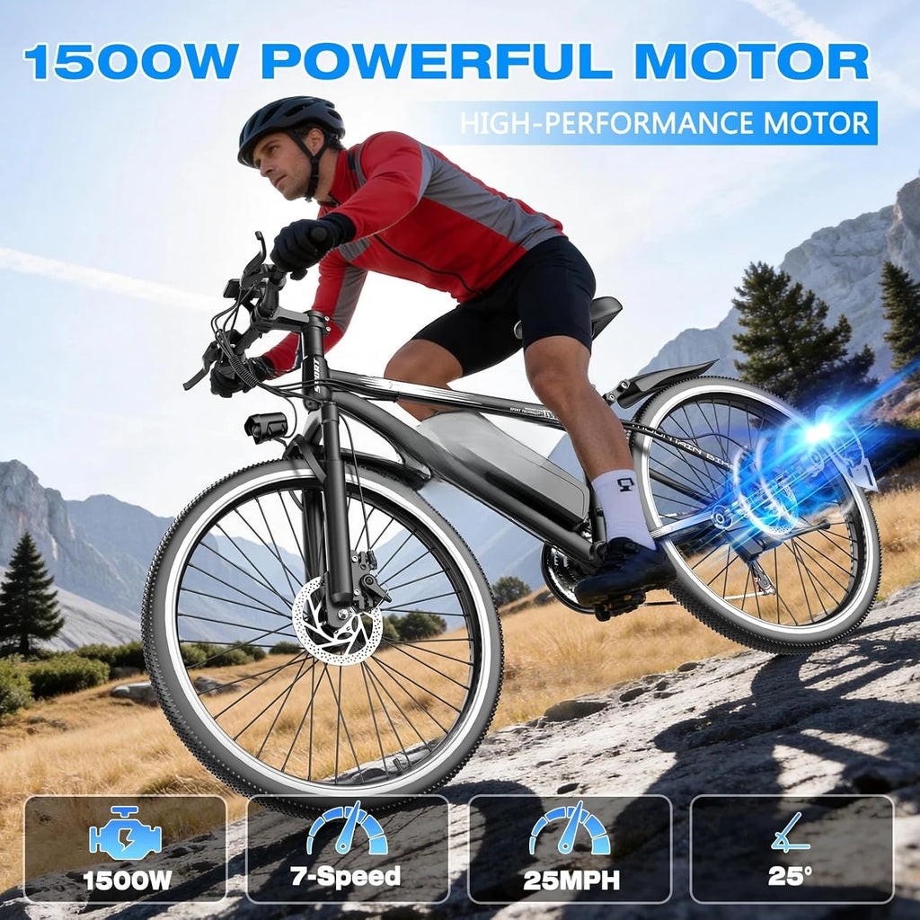 Electric Mountain Bike for Adults – 1500W Peak Motor | 25 MPH | 65-Mile Range | 48V 10Ah Battery