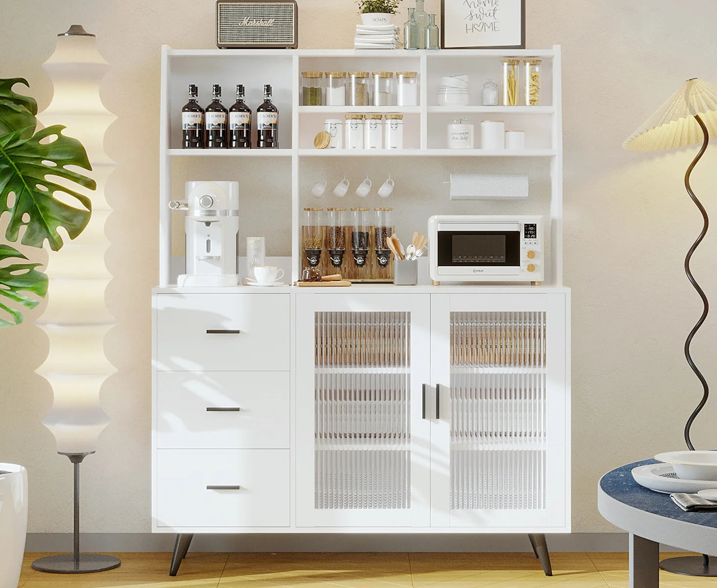 Modern Kitchen Hutch Sideboard Cabinet – Freestanding Pantry with Glass Doors & 3 Drawers