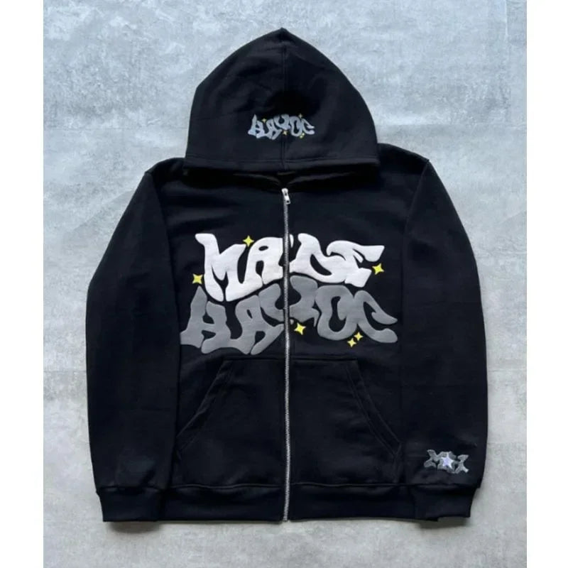 Men's Y2K Zip-Up Hoodie | Retro American Graphic Streetwear Jacket