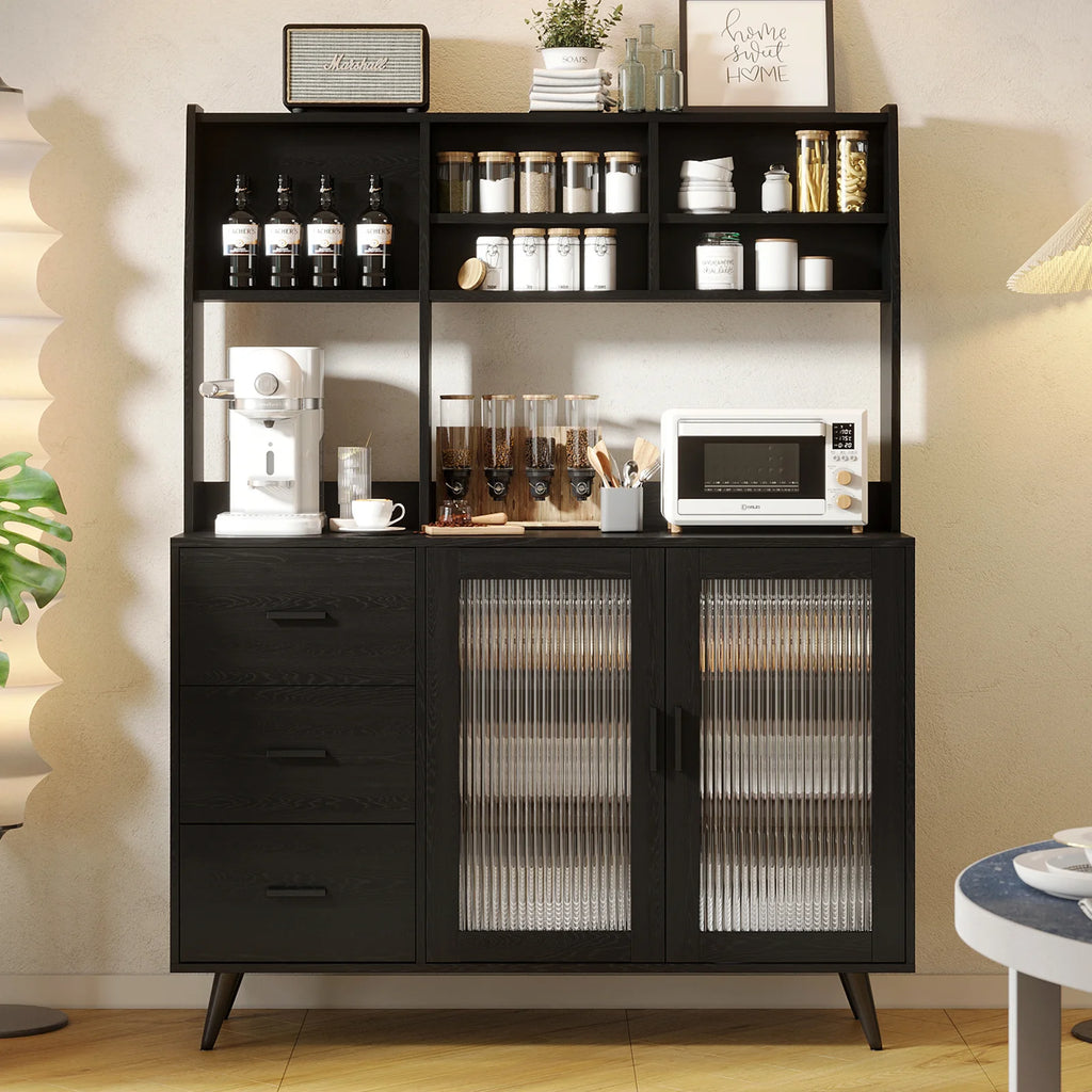 Modern Kitchen Hutch Sideboard Cabinet – Freestanding Pantry with Glass Doors & 3 Drawers