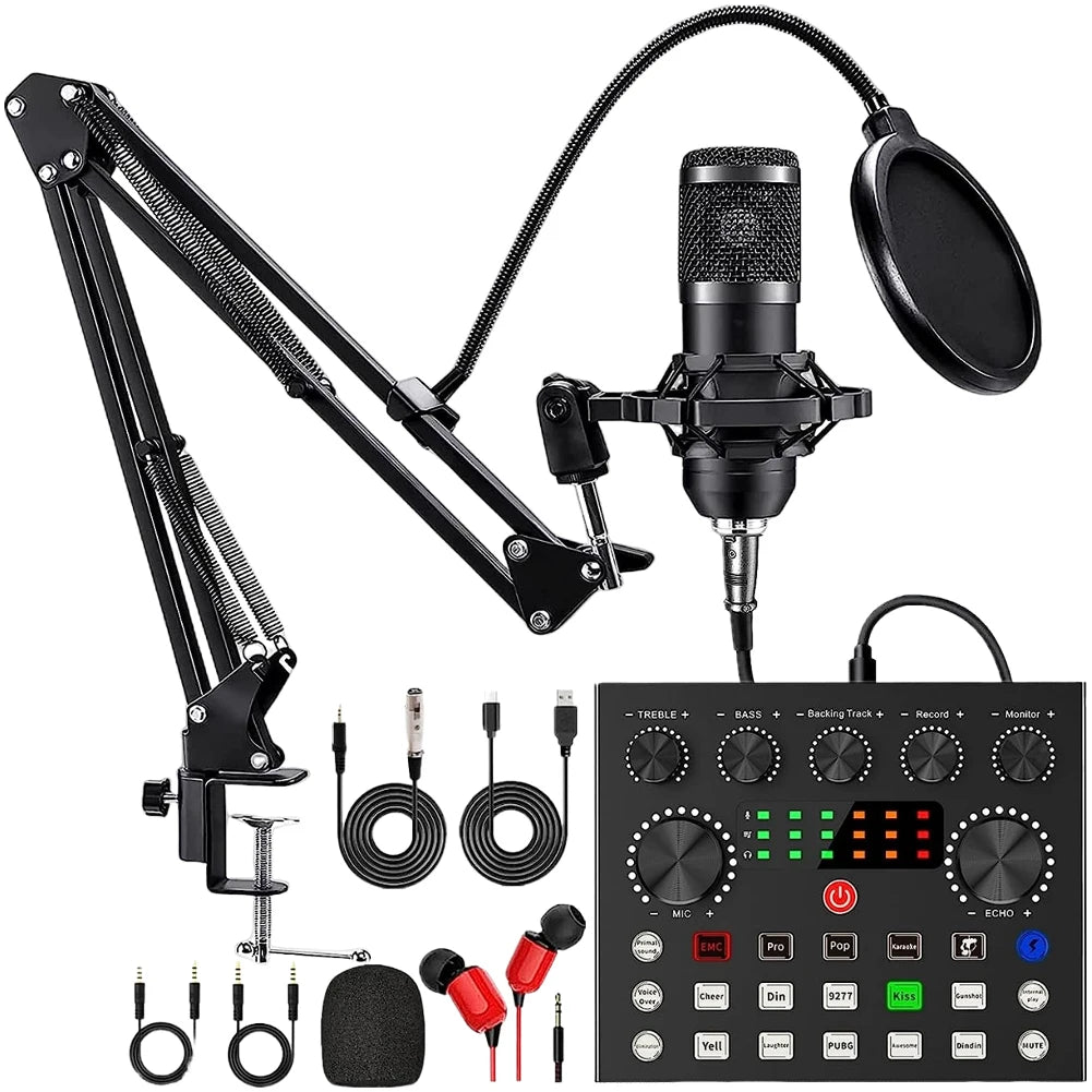 BM800 Condenser Microphone & V8 Sound Card Podcast Kit – Professional Audio Bundle for Streaming, Recording & Live Broadcasting