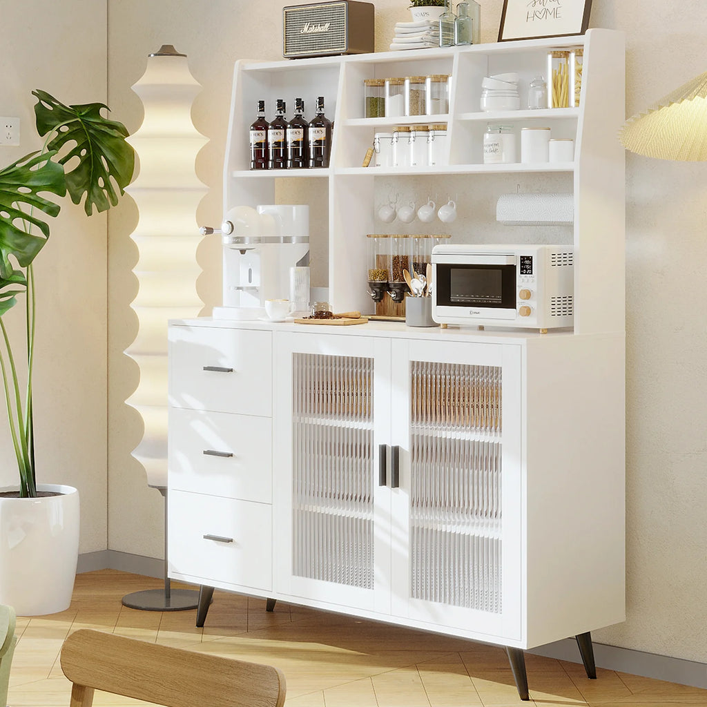 Modern Kitchen Hutch Sideboard Cabinet – Freestanding Pantry with Glass Doors & 3 Drawers