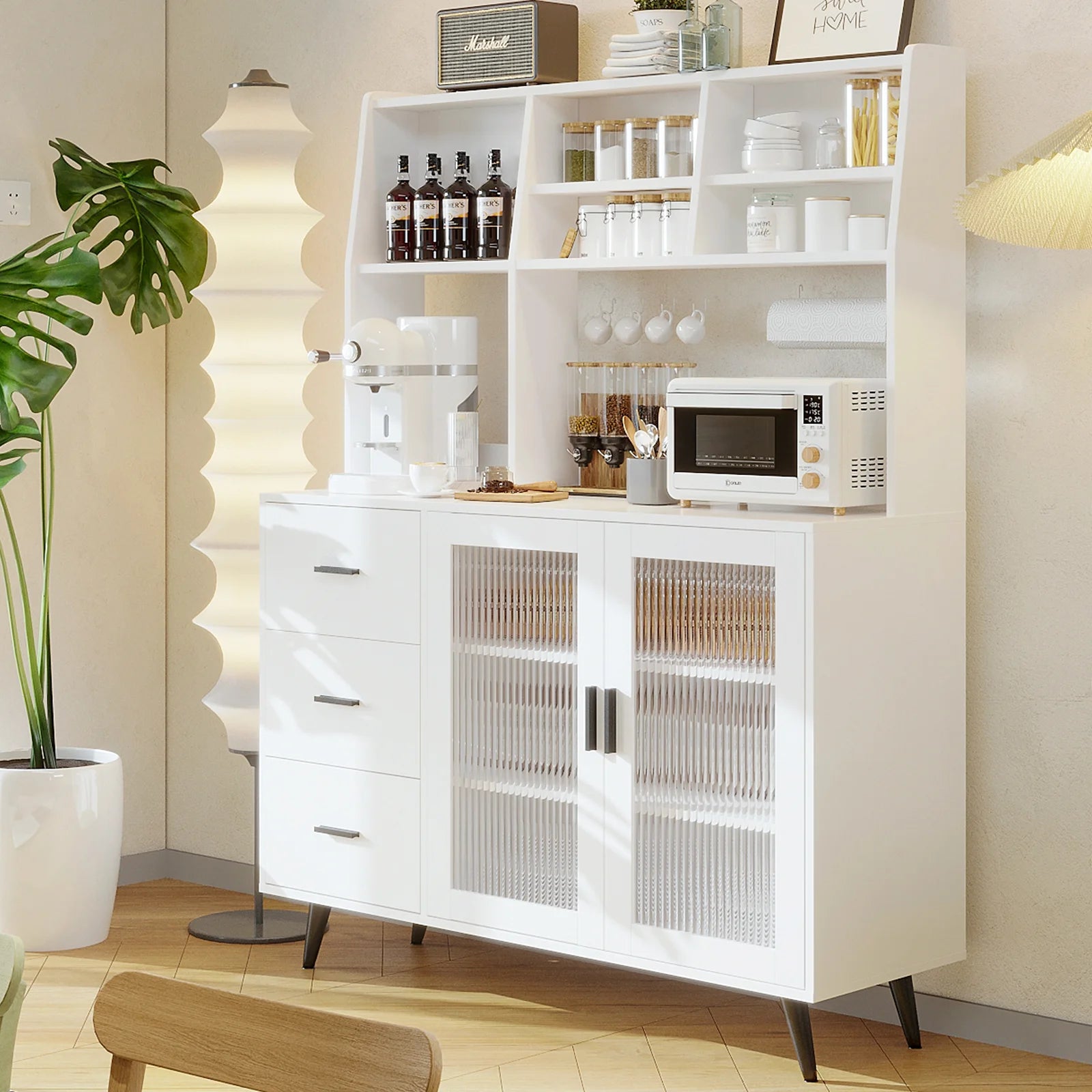 Modern Kitchen Hutch Sideboard Cabinet – Freestanding Pantry with Glass Doors & 3 Drawers
